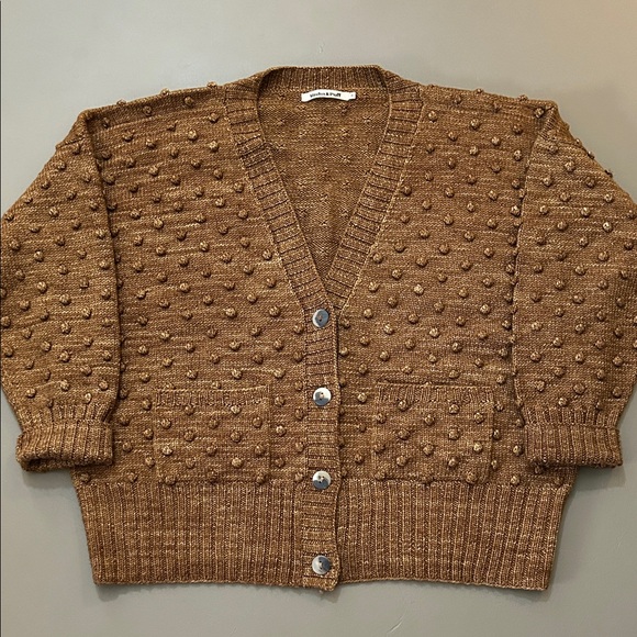 Misha & Puff Adult Popcorn Bubble Cardigan Sweater Acorn M L hand knit brown